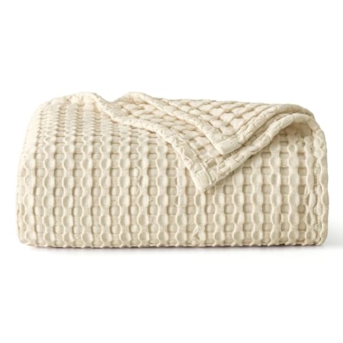 Image of Bedsure Cooling Cotton Waffle Weave Blanket - Lightweight Breathable Blanket of Rayon Derived from Bamboo for Hot Sleepers, Luxury Throws for Bed, Couch and Sofa, Beige, 50x70 Inches