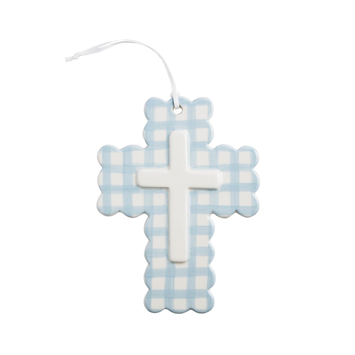 Mud Pie Blue Ceramic Gingham Decorative Cross