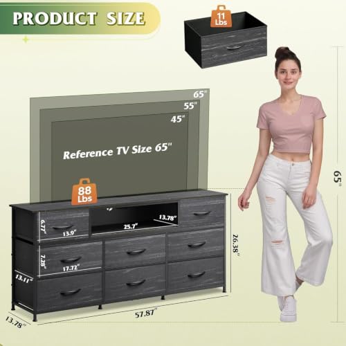 Image of WLIVE Dresser TV Stand for 65 Inch TV, 8 Drawers, LED, Black Wood Grain