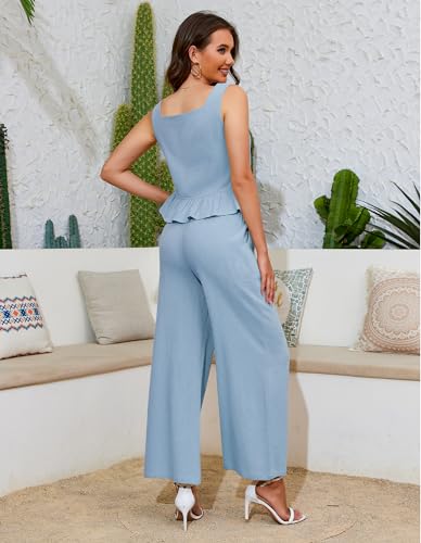Women's Summer 2 Piece Outfits Crop Tank Top Wide Leg Pants Loose Tracksuits with Pockets S-XL2