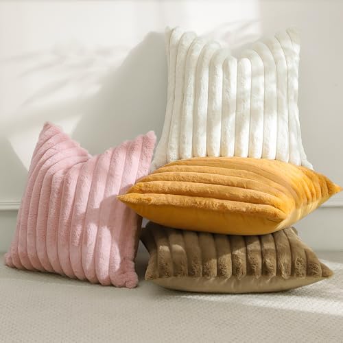 Sungeek Set of 1 Blush Pink Faux Rabbit Fur Cushion Cover 50x50 cm, Soft Cozy Plush Striped Decorative Throw Pillow Covers 20x20 Inch Velvet Square Pillowcases for Sofa Bedroom - Image 5