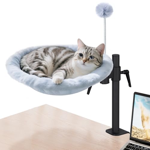 Cat Desk Bed, 360° Rotatable Adjustable Height Cat Hammock Bed for Home Office, Comfortable Soft Desk Kitten Nest with 2 Washable Fabrics for All Seasons