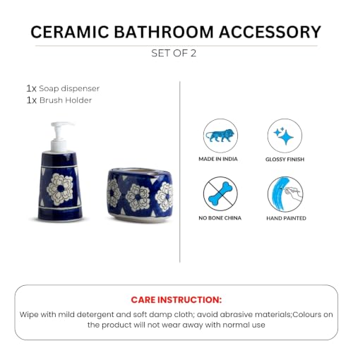 Image of ExclusiveLane 'Mughal Bloom' Hand-Painted Ceramic Bathroom Accessories Set of 2 (Liquid Soap Dispenser for Wash Basin, Paste & Toothbrush Holder) |Handwash Dispenser |Bathroom Organiser Set