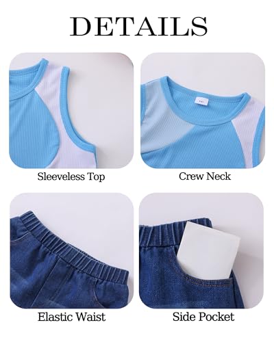 Image of YOURUIKER Girls 2 Piece Summer Outfit Kid Crewneck Tank Crop Top Pocketed Demi Jeans Set Tween Girls Preppy Clothes Size 9-10