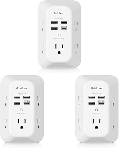 Addtam Cargador de pared USB con protector de sobretensiones, extensor de 5 tomas de corriente con 4 puertos de carga USB (1 toma USB C) de 3 caras