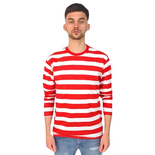 Rot-weißes Herren-T-Shirt, langärmelig, gestreift, lässig, klassisch, horizontal, gestreift, rot / weiß, L