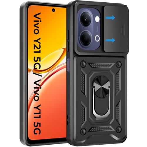 Image of A rtistque Armor Bumper Back Cover Case for Vivo Y21 / Vivo Y11 5G | Ring Holder Stand | Sliding Camera Protection | Shockproof Heavy Duty Design | Vivo Y21 Back Cover - Black