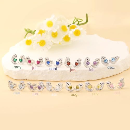 Cute Otter Earrings for Women - 925 Sterling Silver Birthstone Sea Otter Stud Earrings Cute Animal Stud Heart-Shaped CZ Hypoallergenic Jewelry Gift2