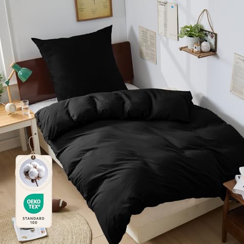 BEDELITE Bettwäsche 135x200 Baumwolle 2teilig - Bettwäsche-Sets Schwarz mit Reißverschluss Bettbezug 135x200cm mit Kissenbezug 80x80 cm Oeko-TEX Bedding weiche und kuschelige Bettwaren