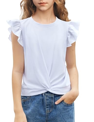 Arshiner Mädchen T-Shirts Sommer Fliegende Ärmel Rundhals Kurzarm Tops Lässig Mode Einfarbig Tshirt für Mädchen Weiß 140