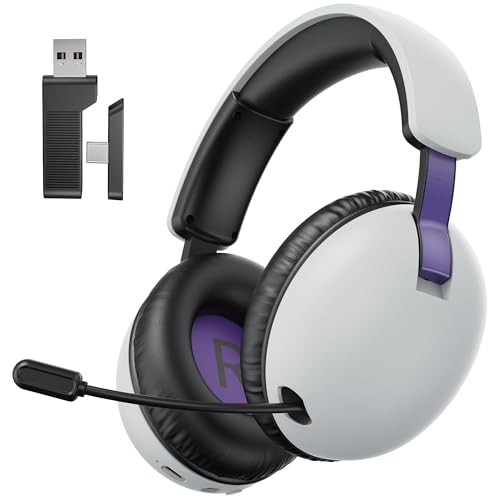 OPUTIK Wireless Gaming Headset for PS4 PS5 PC Bluetooth Gaming Headphone with Microphone White Gamer Headset with Mic, 2.4GHz Lossless Audio, USB & Type-C (White Purple)