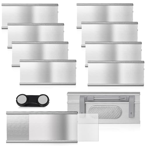 EFUTURETIME 10 x namnskyltar för klädmagnet med nål för fastsättning, 72 mm x 31 mm aluminium namnskyltshållare med pappersinsättning för arbete, utställning, restaurang, skola