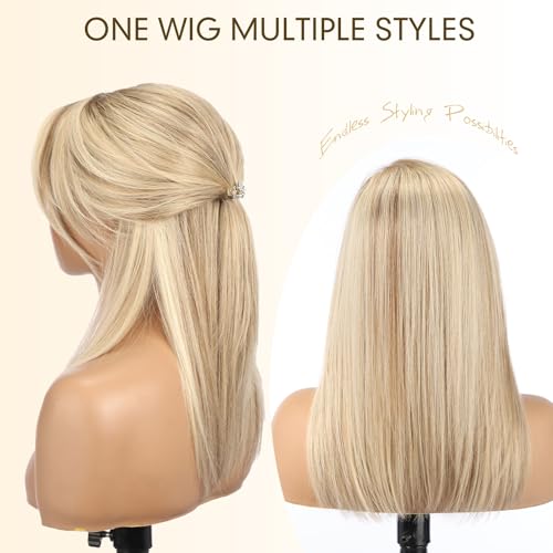 Image of KKU 100% Human Hair Wigs for Women,Real Human Hair Wigs,Side Swept Bangs Lace Front Wig(16 Inch,Ombre Blonde Brown)