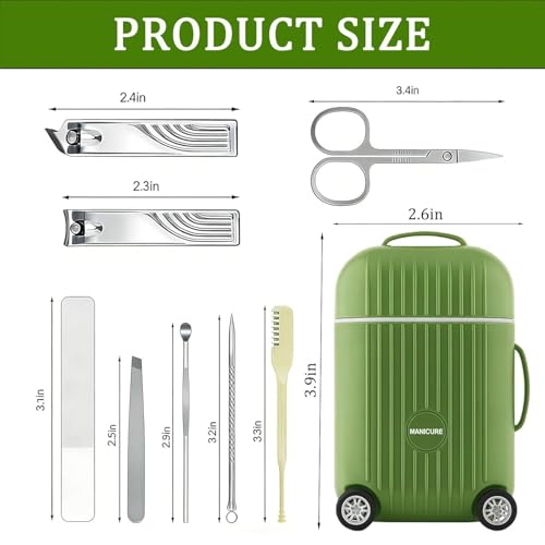 Image of 10-in-1 Manicure Kit - Stainless Steel Nail Clipper Set for Men & Women (Mini Suitcase Green)