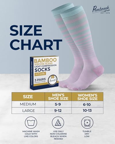 Image of Pembrook Bamboo Viscose Light Compression Socks - 3 Pairs | 8-15 mmhg Compression Socks | Knee High Comfort Support Socks