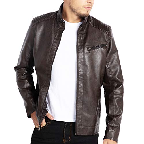 Image of WULFUL Men's Stand Collar Leather Jacket Motorcycle Lightweight Faux Leather Outwear