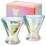 Khen Stemless Iridescent Martini Glasses - 7oz Clear Martini Glasses Set of 2 - Double Wall Insulated Cocktail Glass Set - Unique and Fun Gift for Dirty, Cosmopolitan Espresso Martini Lover