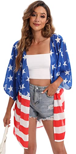 Image of DDSOL Women's American Flag Kimono Cover up Beachwear Cardigan Loose Tops Shirt Blouse