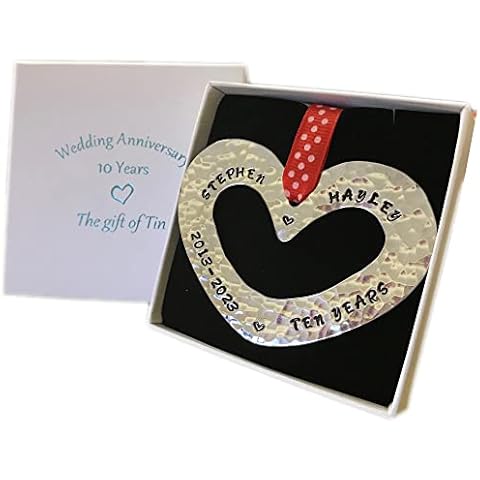 Personalised 10th Anniversary Tin Gift. Stamped 2013-2023; Small Tin Heart Wall Hanging Cover