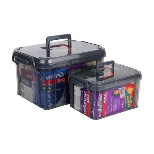 Image of HEY FOLY 15qt Medicine Organizer Storage Box with Tray, Set of 2 Plastic First Aid Box Empty, Thickened Medicine Container Chest, Multipurpose Medical Case with Labels, Grey Medicine Caddy