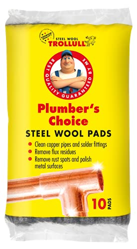 TROLLULL La elección del fontanero de lana de acero, limpia tuberías y accesorios de cobre, superficies de latón y aluminio, elimina el óxido de la superficie, 10 almohadillas