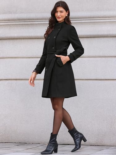 Allegra K Pea Coats for Women Stand Collar Double Breasted Trench Peacoat Long Winter Coat with Belt 20254