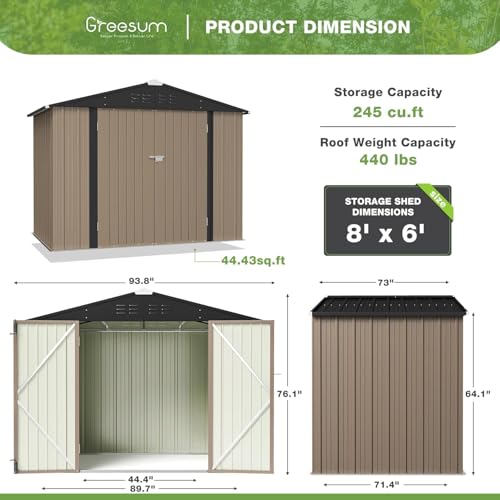 Image of Greesum 8x6FT Outdoor Storage Shed, Utility Tool Shed with Sloping Roof, Metal Storaged Garden Shed with Door & Lock for Patio Storage, Brown