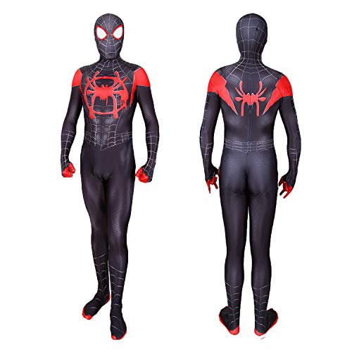 Spiderman Costume Into The Spider Verse Miles Morales Halloween Costumes Classic Cosplay Suit Adult Kids (Kids M, Black)