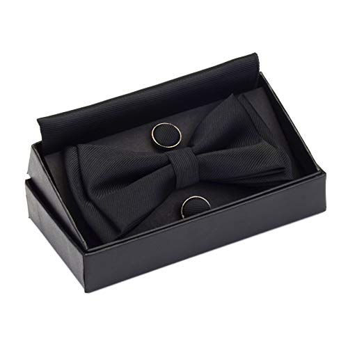 Image of GUSLESON Mens Solid Color Two Layer Pre-tied Bow Tie and Pocket Square Cufflink Set with Gift Box