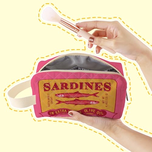 Pink Sardine Can Printed Quilted Makeup Pouch for Women - Velvety Polyester Cosmetic Organizer w/Triple Compartments, Travel & Makeup Brush Holder3