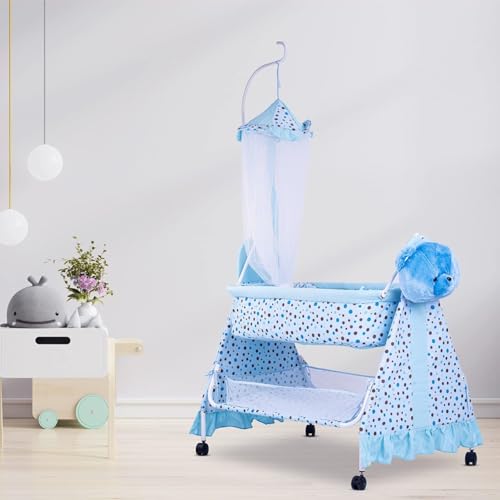 Image of BAYBEE CozyNest Baby Cradle and Swing Jhula for Newborn Babies with Removable Mosquito Net, Washable Fabric, Lockable Wheels & Safe Sleeping Bed Crib for Infants Up to 2 Years (Blue)