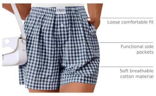 Image of LOMON Boxer Shorts for Women Summer Gingham Pajamas 2026 Lounge Sleep Pj Plaid Shorts Y2K Beach Bottoms with Pockets