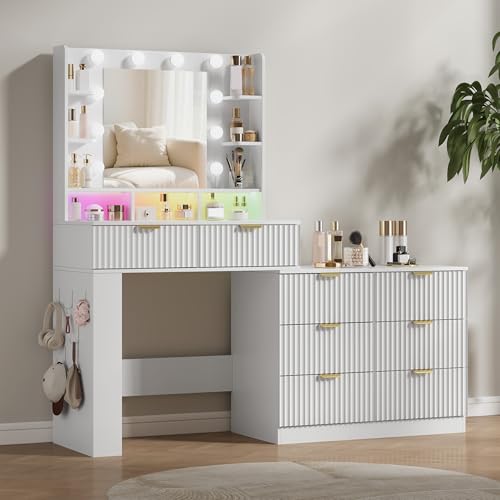 Image of Makeup Vanity Desk with Mirror and Lights, 57 inch Fluted Vanity Dresser Combo & Storage Shelves, Vanity Mirror with Mirror and Lights with 8 Drawers, 3 Color Modes, Dressing Table Set for Girls, White