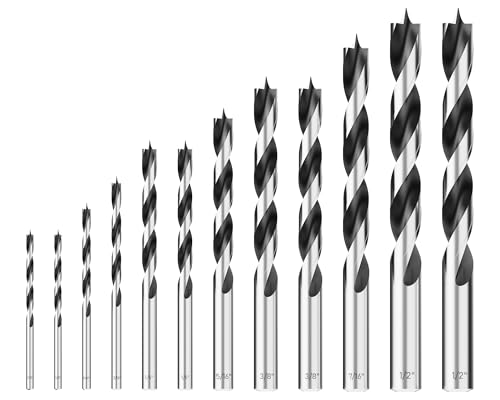 Brad Point Wood Drill Bit Set, 12Pcs Drill Bit Set with Double Flutes Design for Carpenter Woodworking and All Types of Wood (1/8