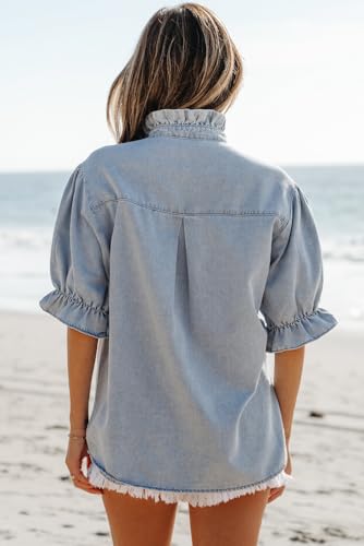 SELINK Women's Tunic Tops Elegant Ruffle Short Puff Sleeve Summer Chambray Shirt Short Sleeve Round Neck Solid T Shirts3