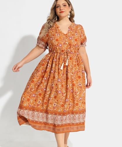 RITERA Plus Size Midi Dress for Women 2025 Casual V NeckShort Sleeve Ruffle Flowy Boho Drawstring Tassel Waist XL-5XL2