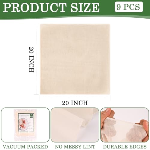 Image of WMKGG 9 PCS Cheese Cloths, Grade 100, 20x20 Inch Cotton Cheesecloth with Hemmed 4 Edges, Reusable Unbleached Fine Mesh Cheesecloth for Straining, Cooking, Juicing, Cheese Making, Baking, Yogurt