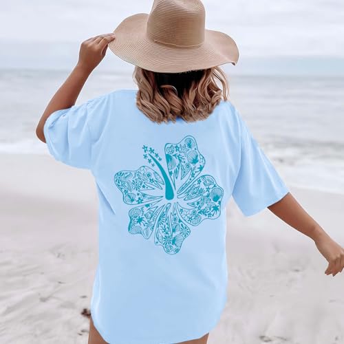 Image of Hawaiian T Shirts for Women Oversized Aesthetic Hibiscus Flower Beach Shirt Teens Preppy Tropical Graphic Tee Tops