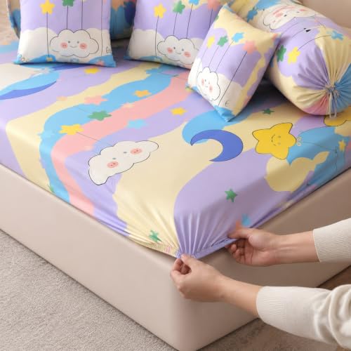 Image of Filymore Good Night Beige Kids Fitted Diwan Set 8 Pieces | Microfiber, 5 Cushion Covers & 2 Bolster Covers, Soft Good Night Theme Printed, For Kids Room