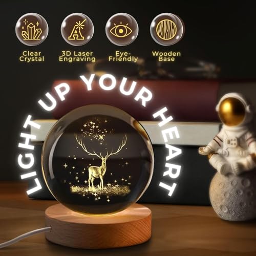 Image of 3D Galaxy Ball Night Lamp,Solar System, USB Table Colorful LED Wooden Ball for Home Decoration Birthday Gift for Teens Boys and Girls (Crystal Deer Light)