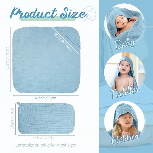 Image of VitalCozy 12 Pcs Baby Muslin Hooded Bath Towels and Washcloths, Muslin Hooded Baby Towels Absorbent Blankets for Gift Newborn Infant Shower (Green Blue Gray)