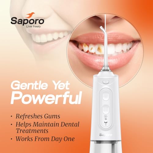 Image of Saporo AquaFlo Water Dental Flosser for Teeth, Cordless Oral Irrigator with 6 Cleaning Modes, 300ml Detachable Tank, Rechargeable & Portable, Gravity Ball Technology, 2 Nozzle Tips for Home & Travel