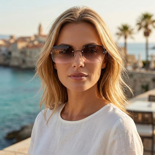 Image of Minimalist Semi-rimless Rectangular Sunglasses for Men Women - Exquisite Packaging