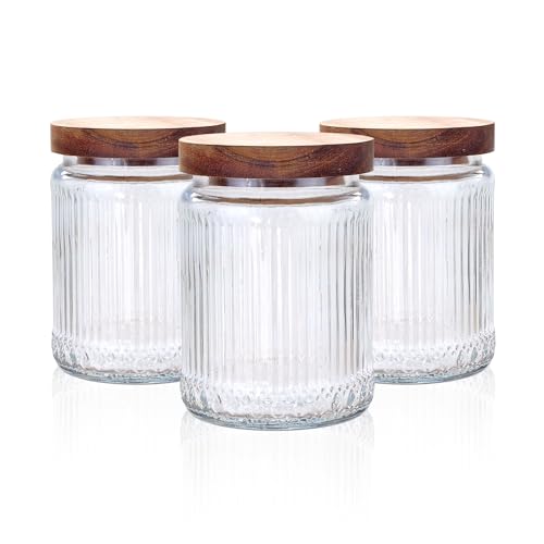 GLIBBUL Glass Jars Stackable Food Storage Containers with Lids - 700ml, 3 Pack- for Cookie Spaghetti Meal Prep Airtight Tea Coffee Sugar Canisters Set for Kitchen Pantry Organization
