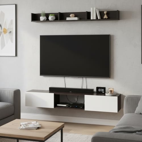 Image of FURNEASER VR65 Wall Mount TV Unit for Living Room, Wooden TV Panel Stand with Storage Shelves, Modern Entertainment Center, Media Console Cabinet Fits Up to 65 Inch TV (Wenge & White)