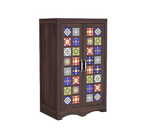 Image of Sheesham Wood Wooden 2 Door Wardrobe Organizer for Clothes | - Solid Wood Almirah with 2 Shelves - with Hanging Space Cupboard for Large Bedroom (Design 18)