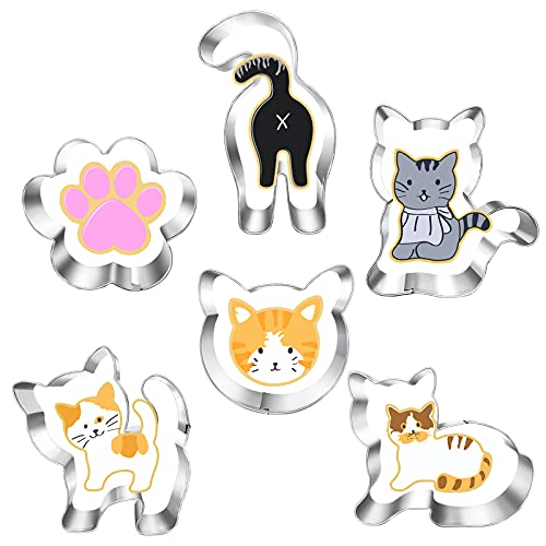 Kitty Cat Cookie Cutter Set-6 Piece-Kitty Cat Face, Kitty Butt, Kitty Cat Paw and 3 Cute Shapes Kitty Cat Body Cookie Cutters Molds for Kitty Cat Themed Party (cat)