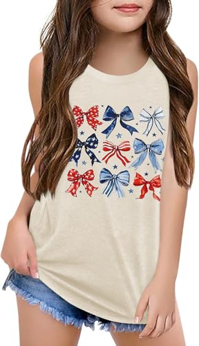 Image of Qbily American Flag 4th of July Tank Tops for Girls Kids Summer Independence Day Bow Printed Sleeveless Graphic T Shirt