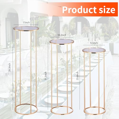 3pcs Gold Metal Cylinder Pedestal Stand, Round Display for Wedding & Party Decor, Cake Plant Vase Stand, Birthday Backdrop Column - Image 4