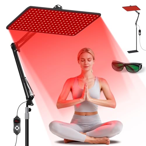 Morfone Rotlichtlampe für Ganzkörper & Gesicht Infrarotlampe mit Tri-Wellenlänge (660nm 850nm 940nm) 5 Helligkeitsstufen Keine Hitze Rotlicht Panel mit Verstellbarem Ständer (Schwarz L)